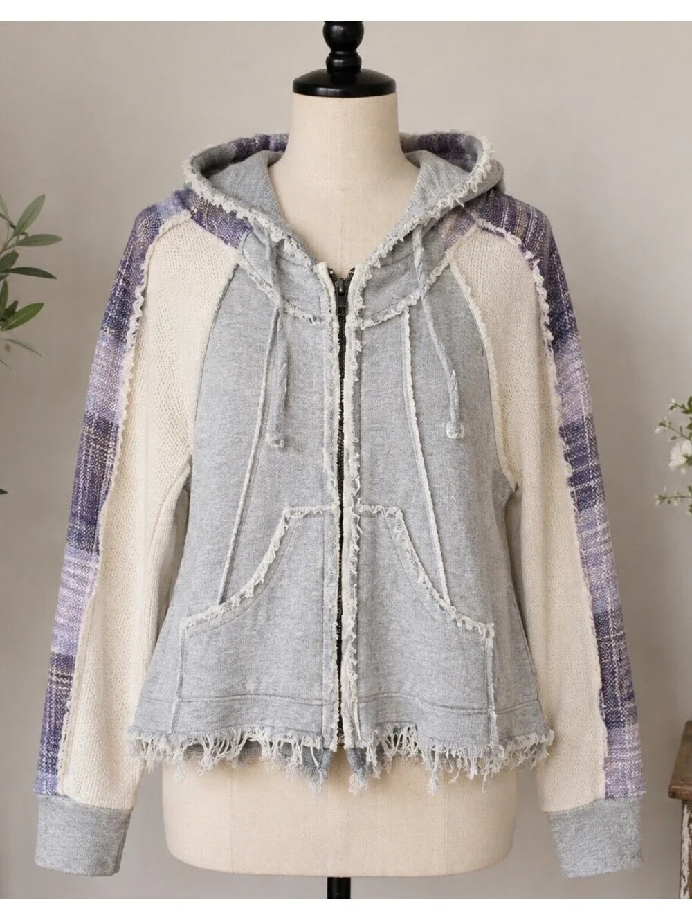 Free People Women’s Small Zip Hoodie Raw Edge Colorblock Boho Oversized